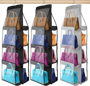 3 Pcs Foldable Hanging Purse Organizer with 8 Pockets and Metal Hooks - Dust Proof - 41L x 13.5W (2 Black, 1 Gray)