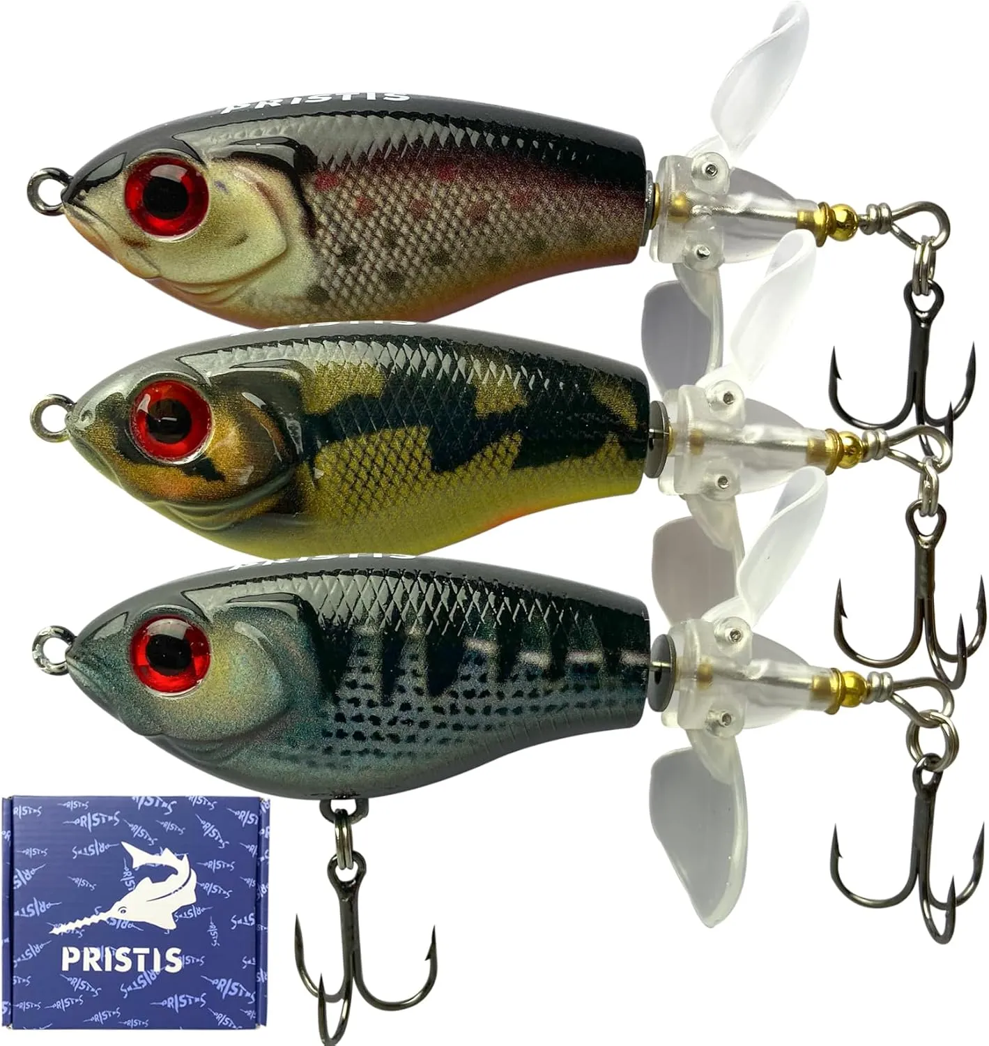3 pcs Topwater Fishing Lures with Propellers, Plopper Hard Baits with Floating Rotating Tail, Plopping Sputter Minnow Swimbait Set Kit for Saltwater Freshwater Bass Perch Pike Muskie