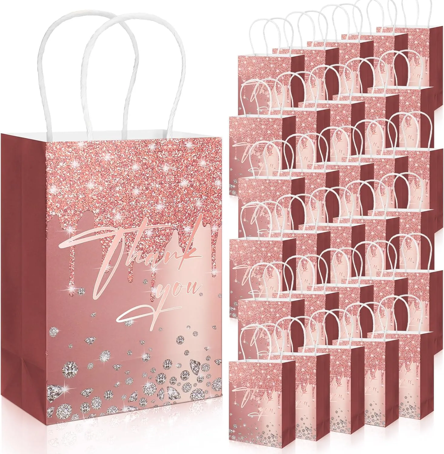 30 Pcs Pink Rose Gold Gift Bags Glitter Diamond Goodie Bag, Happy Birthday Treat Bag, Rose Gold Candy Bags Supply for Wedding Bridal Baby Shower Holiday Party Favors Decoration, Thank You Gift Bags