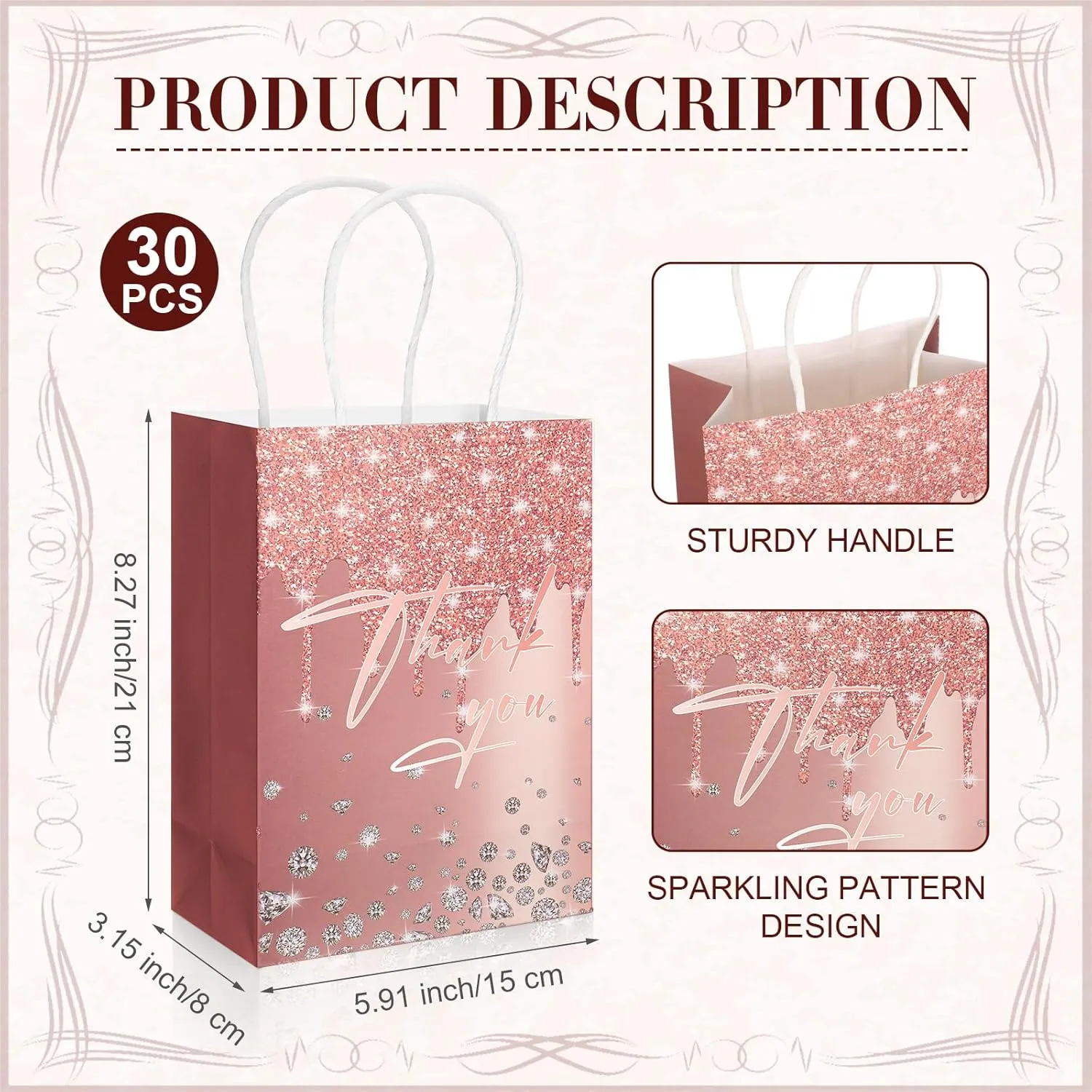 30 Pcs Pink Rose Gold Gift Bags Glitter Diamond Goodie Bag, Happy Birthday Treat Bag, Rose Gold Candy Bags Supply for Wedding Bridal Baby Shower Holiday Party Favors Decoration, Thank You Gift Bags