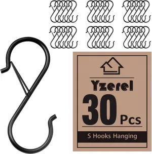 30pcs S Hooks Hanging Safety Buckle - 3.5 inch Heavy Duty S Hooks,Hanging Plants for Closet Hooks, Clothes, Kitchen Utensil, Pots and Pans, Bags (Black)