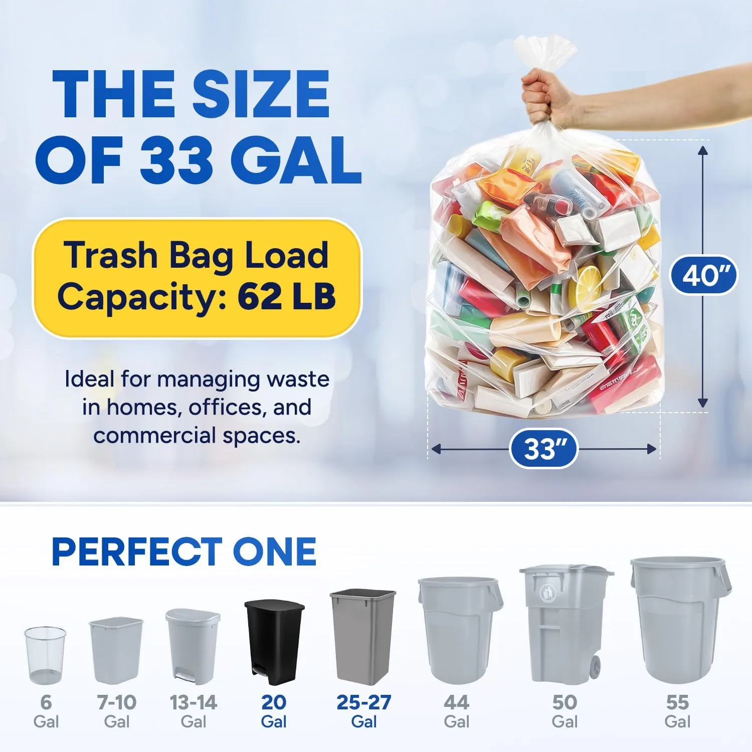 32-33 Gallon Trash Bags, Clear Trash Bags 33"W × 40"L, 13 Micron Clear Garbage Bags, 32-33 Gal High-Density Garbage Can Liners, Fits Square and Round Trash Cans, Pack of 500