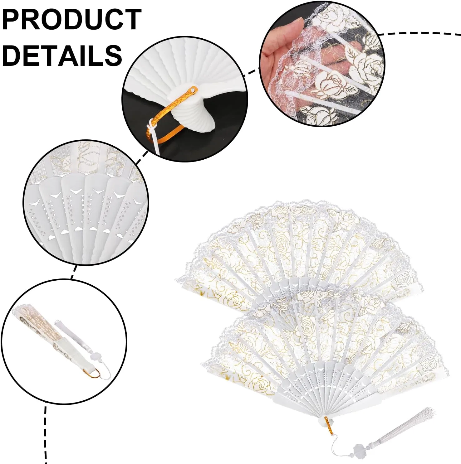 36 PCS Rose Lace Floral Folding Hand Fans with Organza Bag - 9.05 Inch Chinese Retro Hand Fans, White Wedding Folding Fans for Women, Decorative Folding Fans for Tea Parties & Bridal Events
