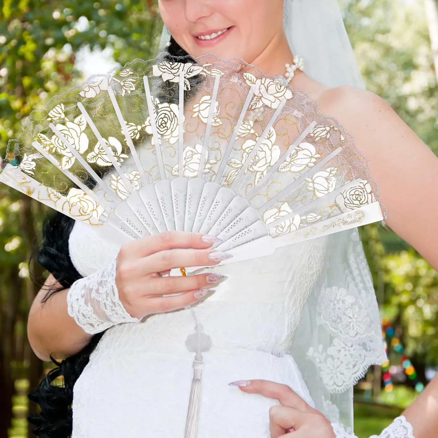 36 PCS Rose Lace Floral Folding Hand Fans with Organza Bag - 9.05 Inch Chinese Retro Hand Fans, White Wedding Folding Fans for Women, Decorative Folding Fans for Tea Parties & Bridal Events