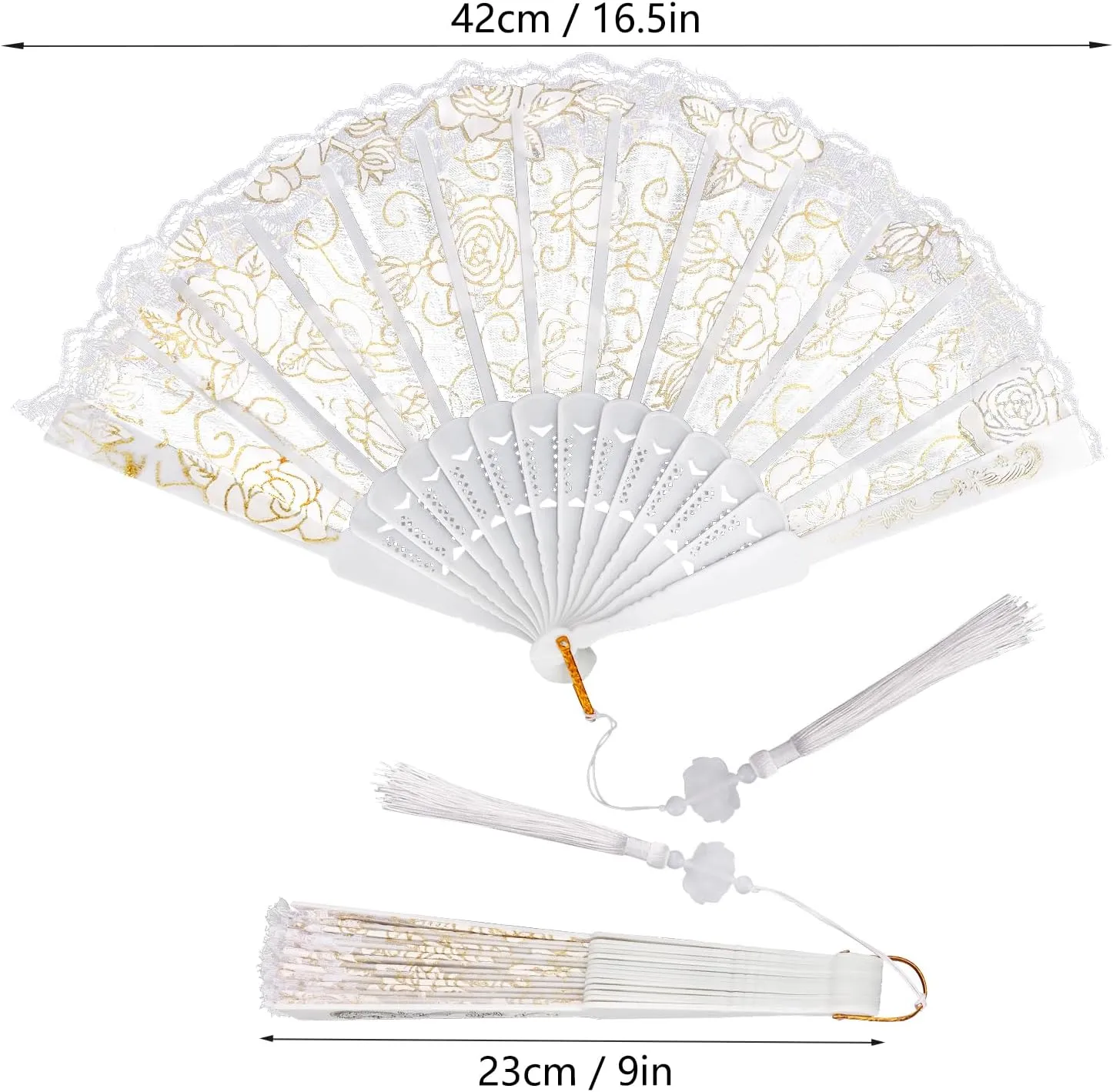 36 PCS Rose Lace Floral Folding Hand Fans with Organza Bag - 9.05 Inch Chinese Retro Hand Fans, White Wedding Folding Fans for Women, Decorative Folding Fans for Tea Parties & Bridal Events
