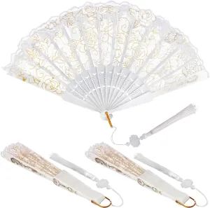 36 PCS Rose Lace Floral Folding Hand Fans with Organza Bag - 9.05 Inch Chinese Retro Hand Fans, White Wedding Folding Fans for Women, Decorative Folding Fans for Tea Parties & Bridal Events