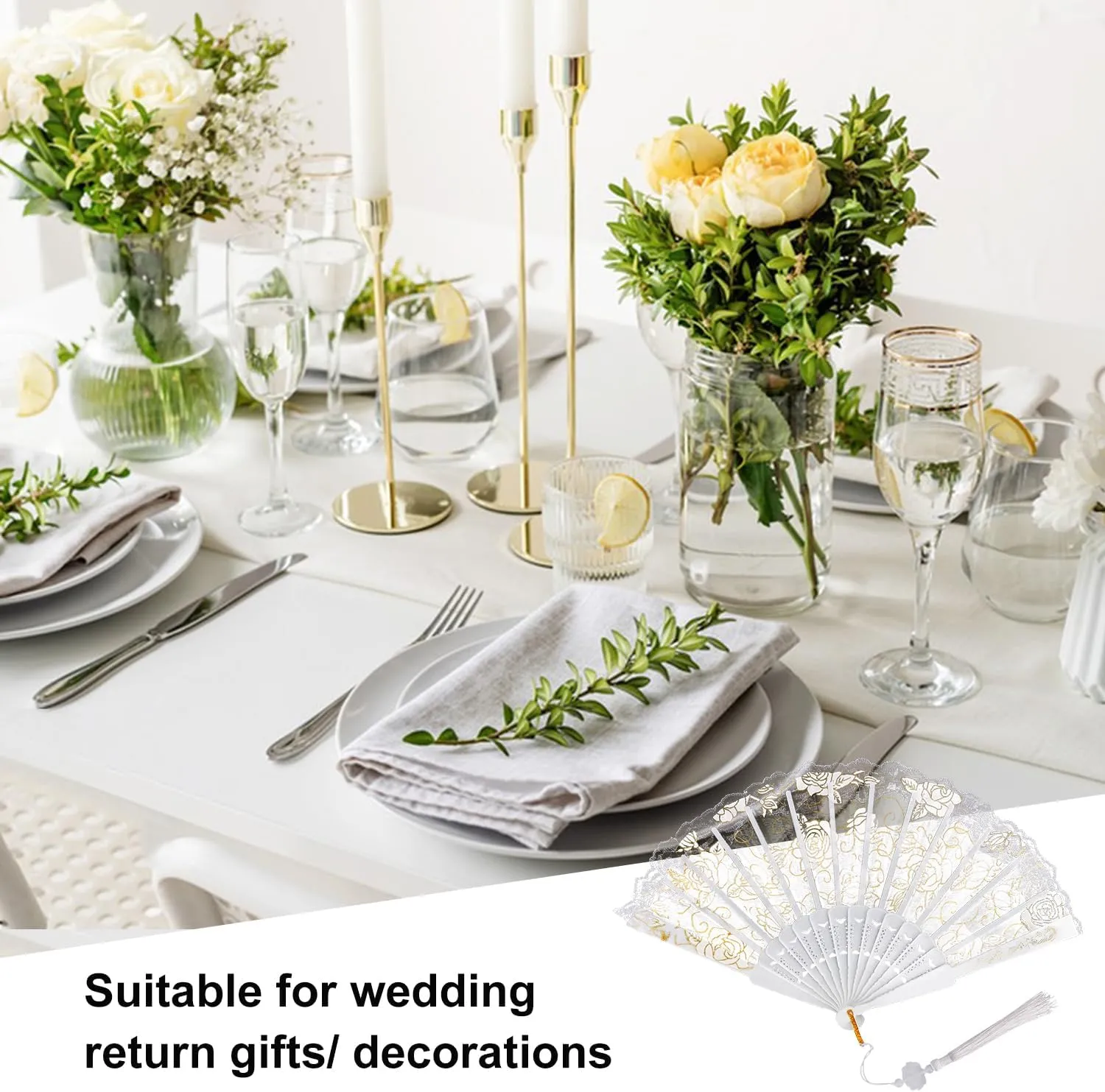 36 PCS Rose Lace Floral Folding Hand Fans with Organza Bag - 9.05 Inch Chinese Retro Hand Fans, White Wedding Folding Fans for Women, Decorative Folding Fans for Tea Parties & Bridal Events