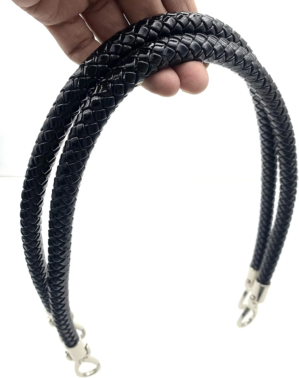 3dancraftit A Pair of Crochet Braided Faux PU Leather cope Bag Purse Handles with Nickel Hooks Purse Making Replacement 25" / 63.5cm Black T183