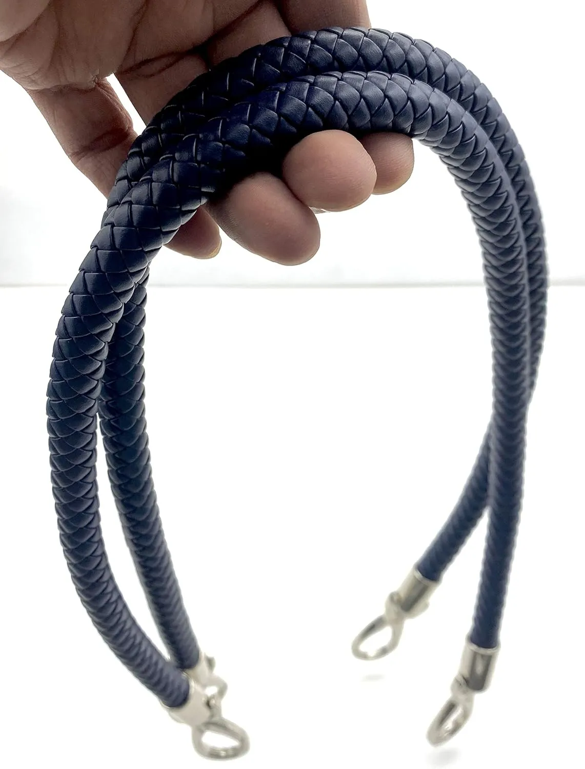3dancraftit A Pair of Crochet Braided Faux PU Leather cope Bag Purse Handles with Nickel Hooks Purse Making Replacement 25" / 63.5cm Mat Dark Blue T191
