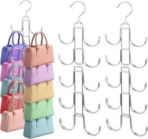 3Pack Hanging Purse Organizer for Closet, Stainless Steel Purse Hanger Closet with 10 Big Hooks, 360 Degree Rotation for Better Organizer&Display, Collapsible Hanger Rack Space Saver for Handbags, Bel