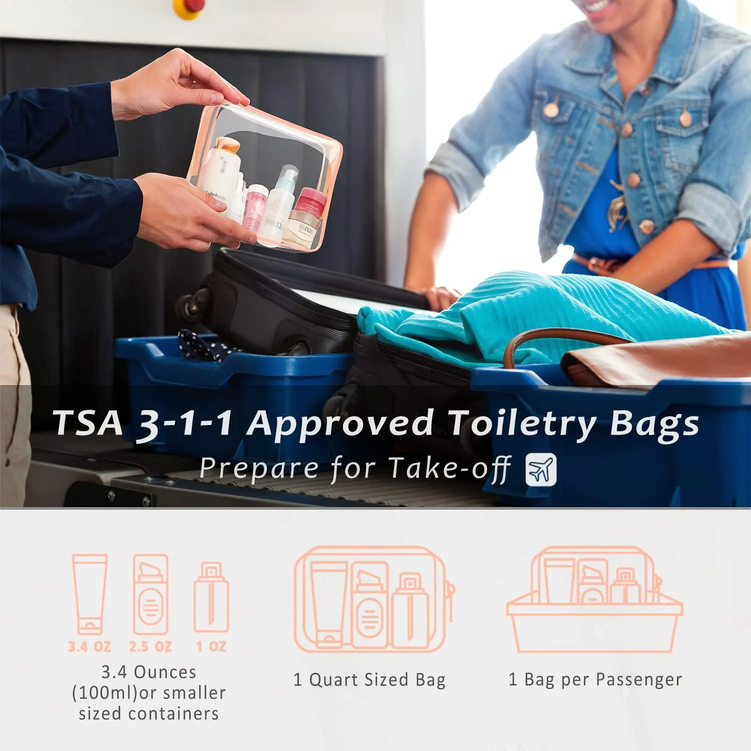 3pcs Clear Cosmetic Bags, TSA Approved Toiletry Bag Set Crystal Clear Travel Beach Essentials Bag Organization PVC, Clear Makeup Bags Luggage Pouch Carry on Airport Airline Compliant Bag Women Men