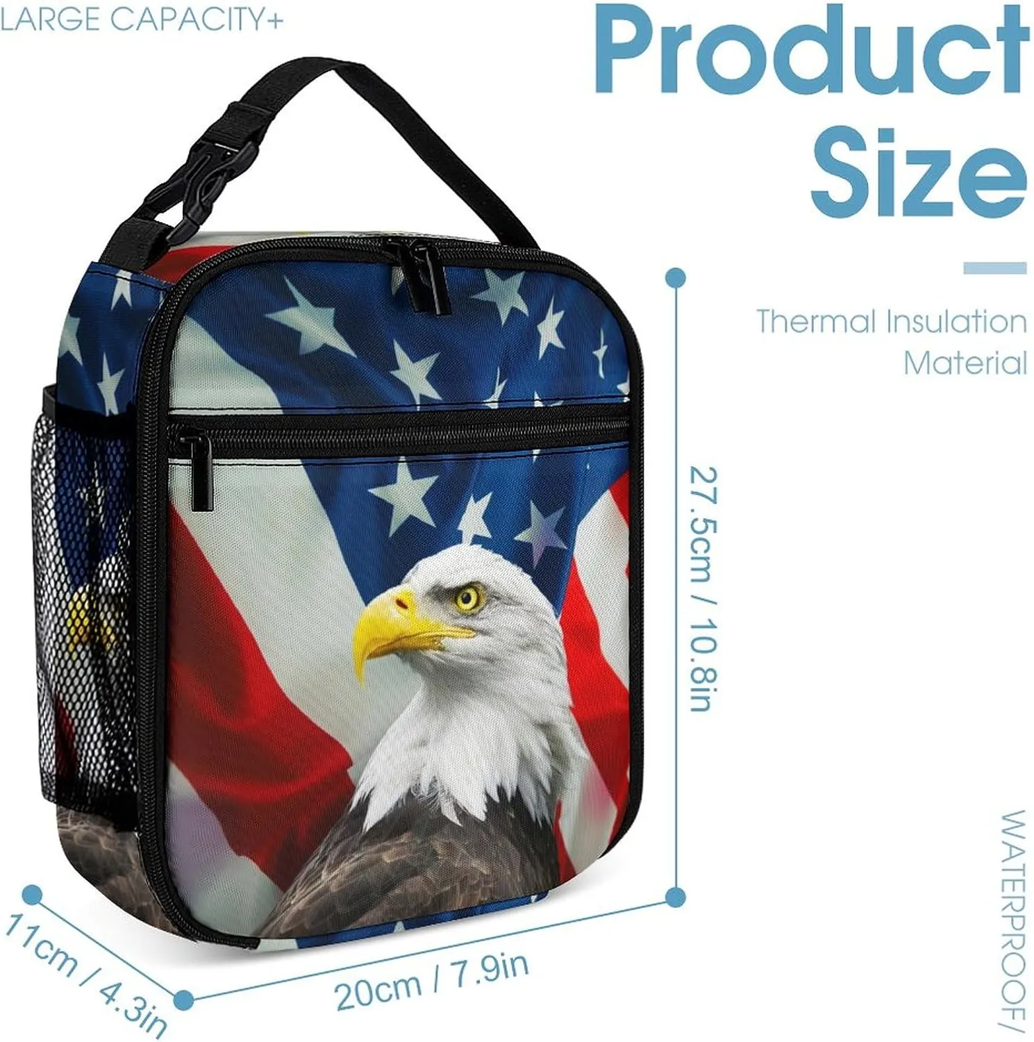 3PCS Colorful American Flag Backpack Set, Lightweight Durable Daypack Cute Laptop Bag with Lunch Bags, Stylish Shoulders Backpack with Multiple Pockets (American Flag & Eagle)