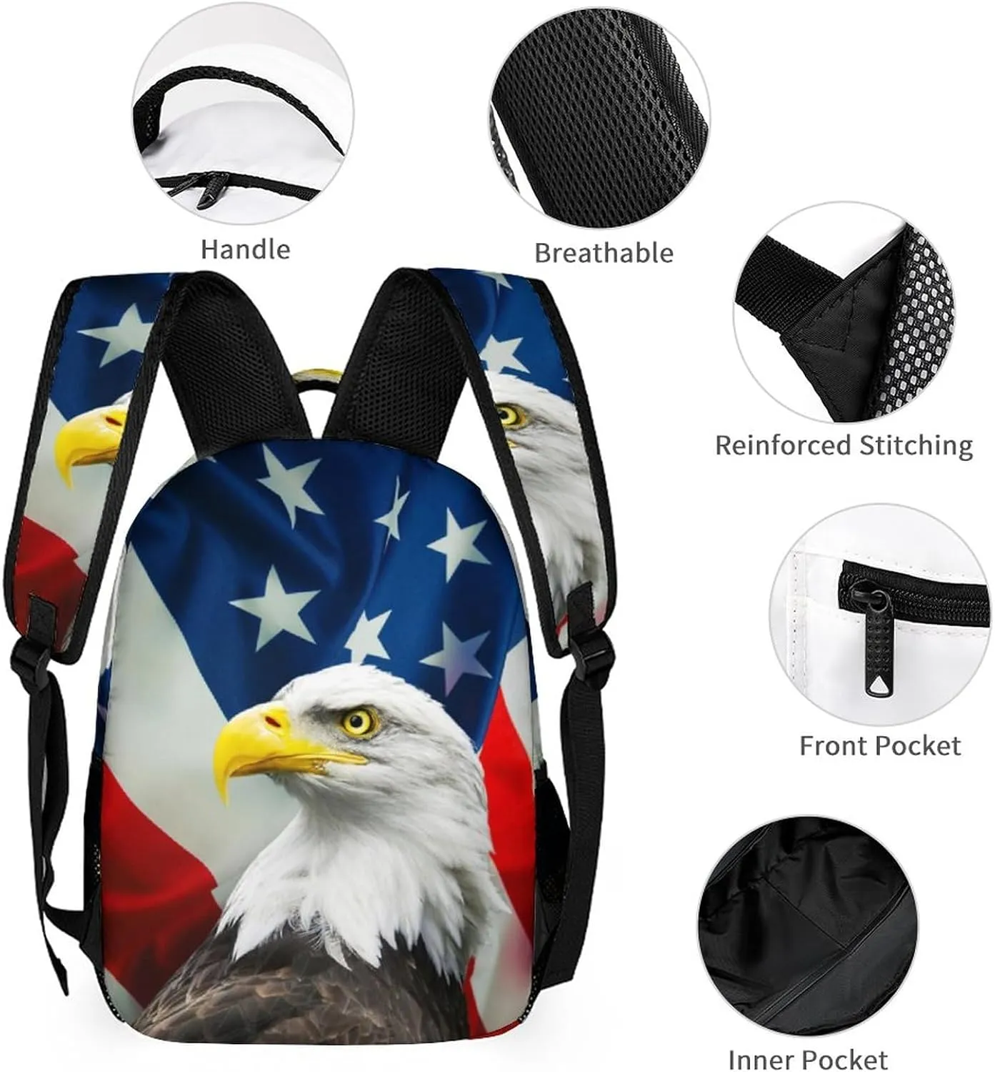 3PCS Colorful American Flag Backpack Set, Lightweight Durable Daypack Cute Laptop Bag with Lunch Bags, Stylish Shoulders Backpack with Multiple Pockets (American Flag & Eagle)