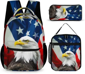 3PCS Colorful American Flag Backpack Set, Lightweight Durable Daypack Cute Laptop Bag with Lunch Bags, Stylish Shoulders Backpack with Multiple Pockets (American Flag & Eagle)
