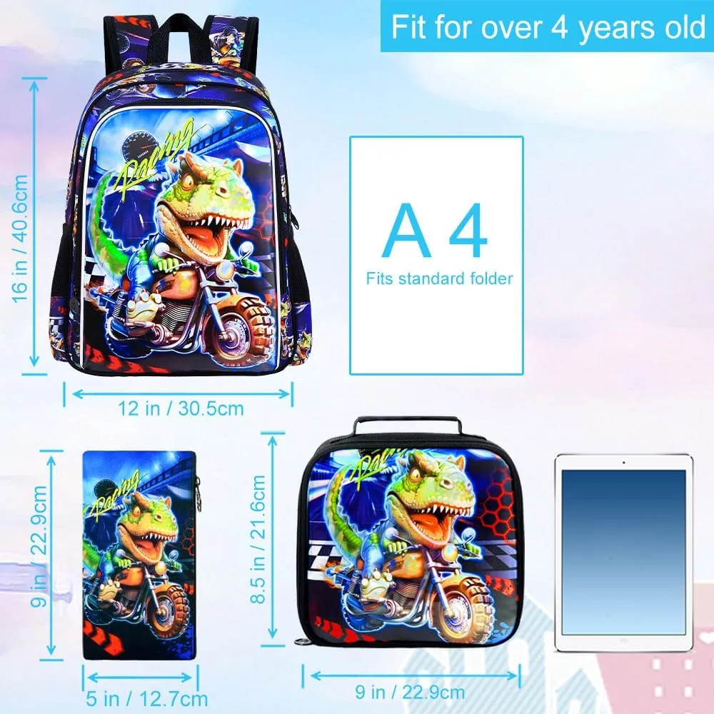 3PCS Kids Backpack for Boys, 16 Inch Dinosaur Water Resistant Preschool Bookbags, Cool Elementary Kindergarten School Backpacks and Lunch Box