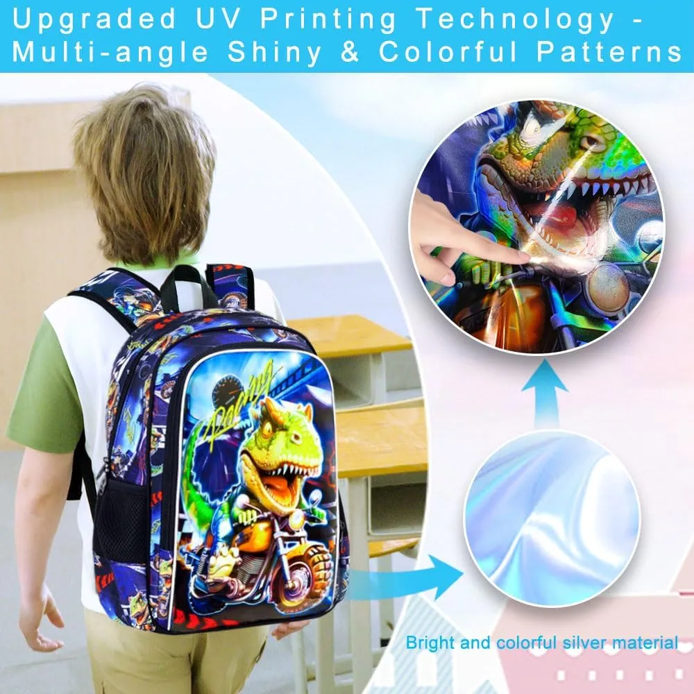 3PCS Kids Backpack for Boys, 16 Inch Dinosaur Water Resistant Preschool Bookbags, Cool Elementary Kindergarten School Backpacks and Lunch Box