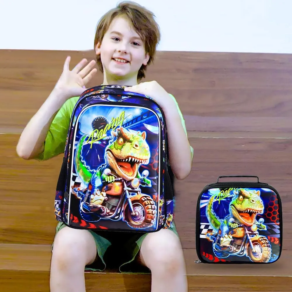 3PCS Kids Backpack for Boys, 16 Inch Dinosaur Water Resistant Preschool Bookbags, Cool Elementary Kindergarten School Backpacks and Lunch Box