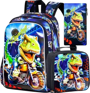 3PCS Kids Backpack for Boys, 16 Inch Dinosaur Water Resistant Preschool Bookbags, Cool Elementary Kindergarten School Backpacks and Lunch Box