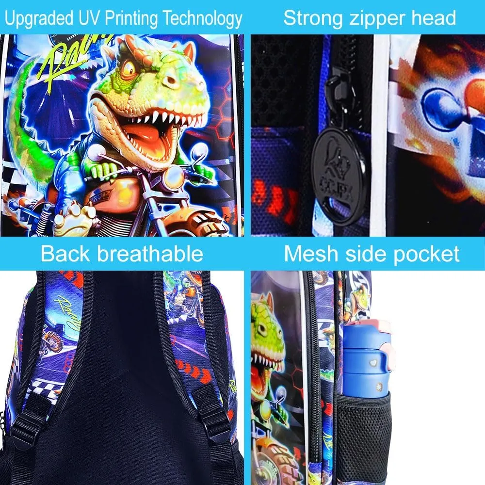 3PCS Kids Backpack for Boys, 16 Inch Dinosaur Water Resistant Preschool Bookbags, Cool Elementary Kindergarten School Backpacks and Lunch Box
