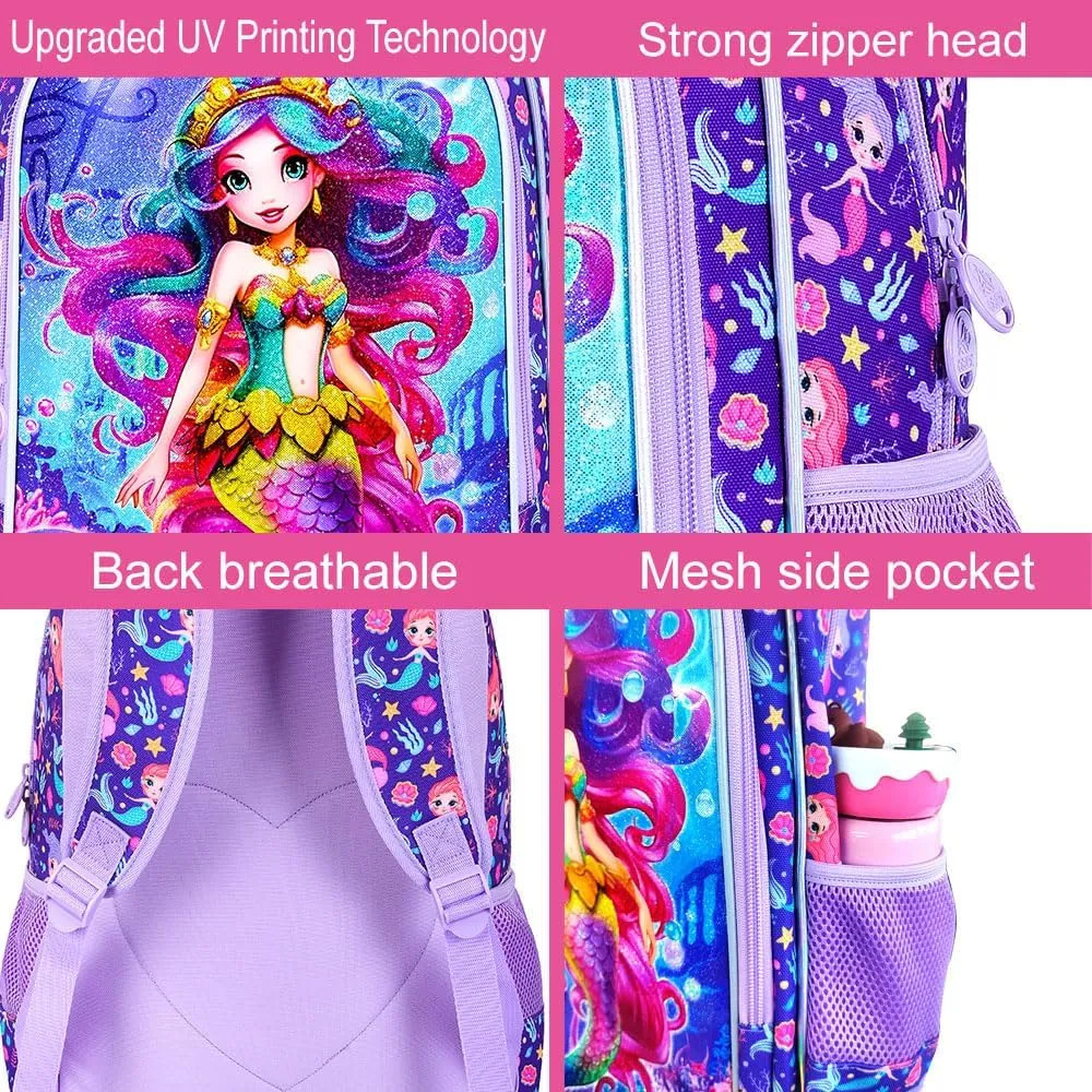 3PCS Mermaid Backpack for Girls, 16" Kids Preschool Bookbag with Lunch Box, Cute Water Resistant School Bag Set for Elementary Kindergarten Toddler