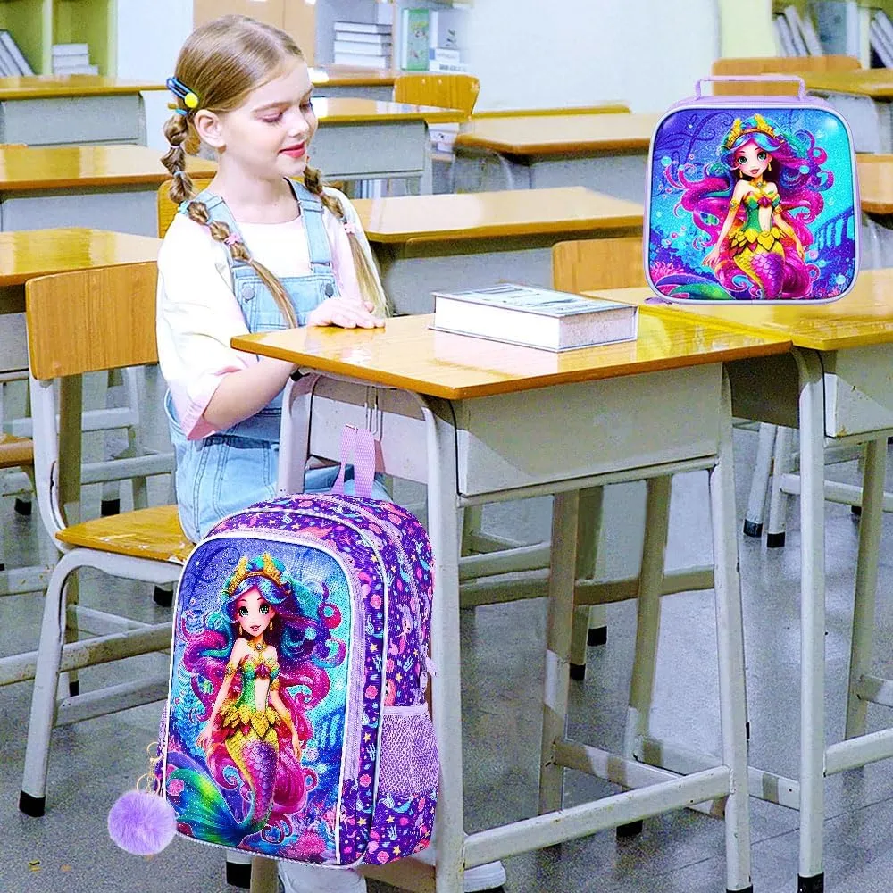 3PCS Mermaid Backpack for Girls, 16" Kids Preschool Bookbag with Lunch Box, Cute Water Resistant School Bag Set for Elementary Kindergarten Toddler