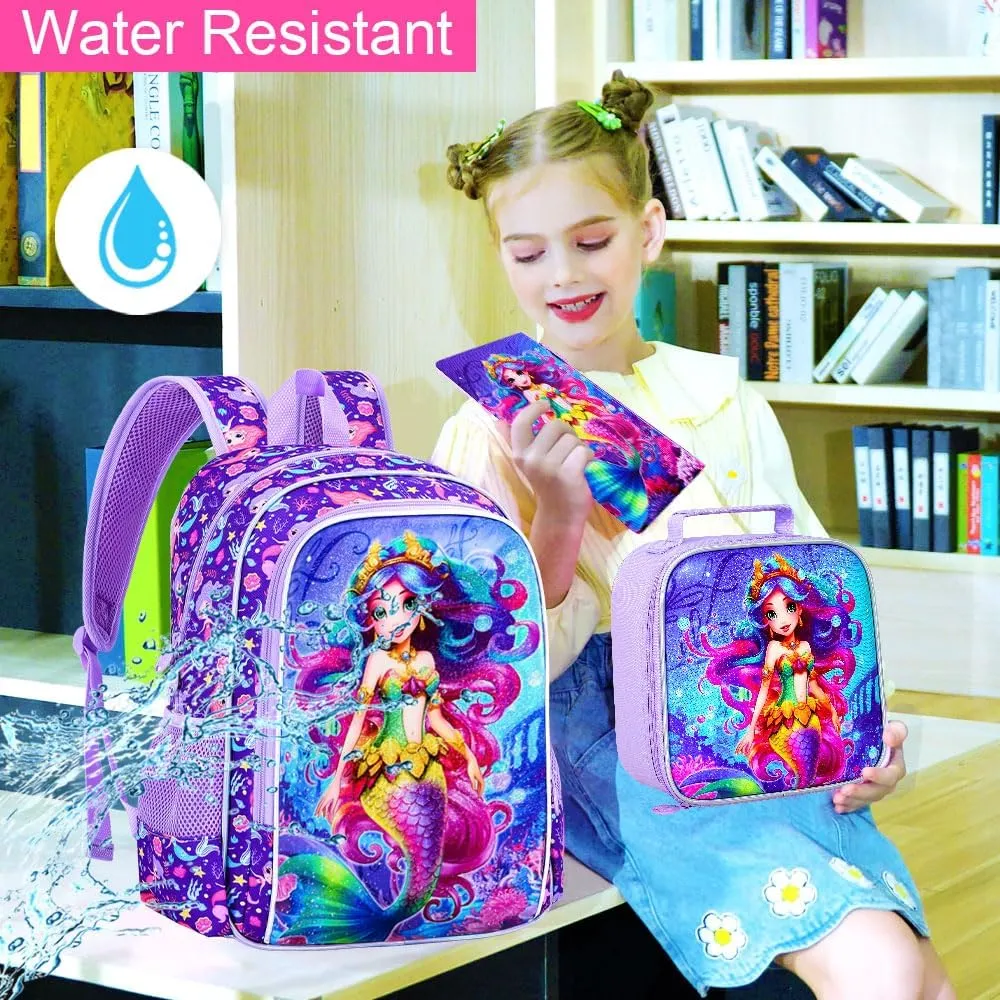 3PCS Mermaid Backpack for Girls, 16" Kids Preschool Bookbag with Lunch Box, Cute Water Resistant School Bag Set for Elementary Kindergarten Toddler