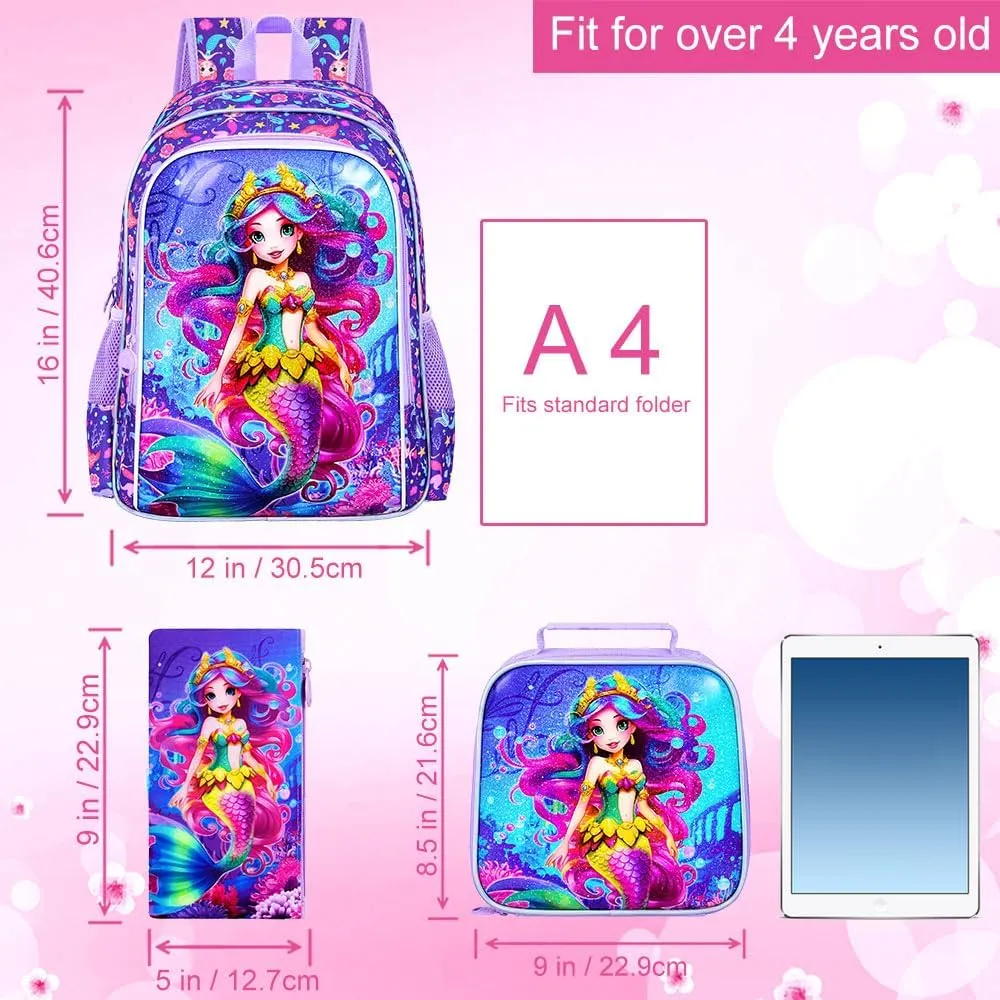 3PCS Mermaid Backpack for Girls, 16" Kids Preschool Bookbag with Lunch Box, Cute Water Resistant School Bag Set for Elementary Kindergarten Toddler