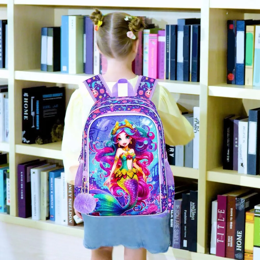 3PCS Mermaid Backpack for Girls, 16" Kids Preschool Bookbag with Lunch Box, Cute Water Resistant School Bag Set for Elementary Kindergarten Toddler