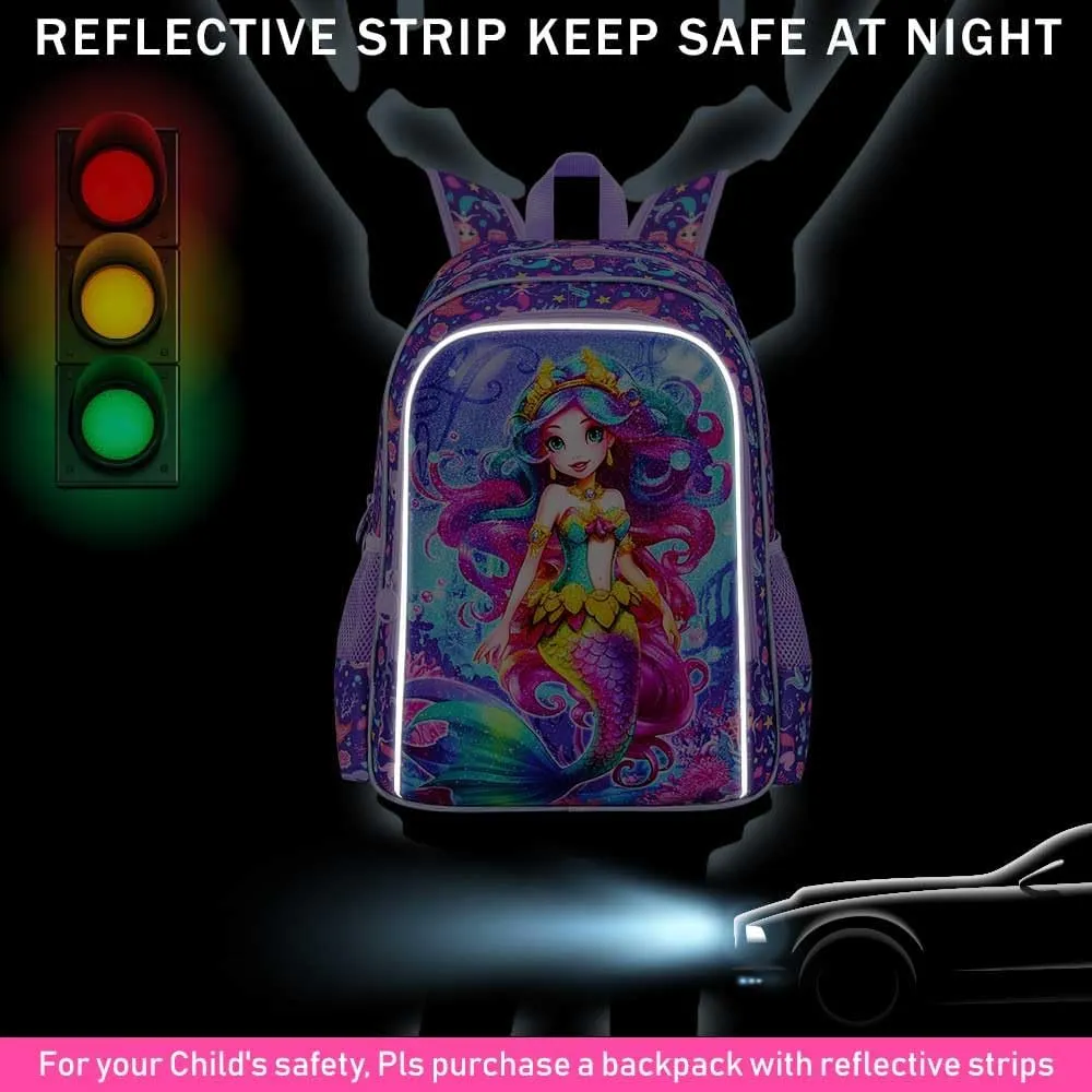 3PCS Mermaid Backpack for Girls, 16" Kids Preschool Bookbag with Lunch Box, Cute Water Resistant School Bag Set for Elementary Kindergarten Toddler
