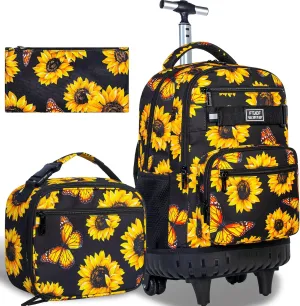 3Pcs Rolling Backpack for Girls, 19 Women Inche Roller Bag with Wheels, Sunflower Wheeled Bookbag Set for Adults(Yellow)