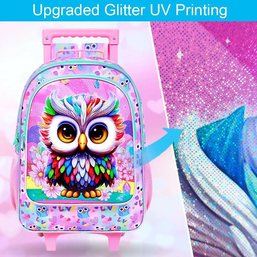3PCS Rolling Backpack for Girls Boys, Kids Roller Wheeled Bookbag with Lunch Box, Backpacks with Wheels for Elementary