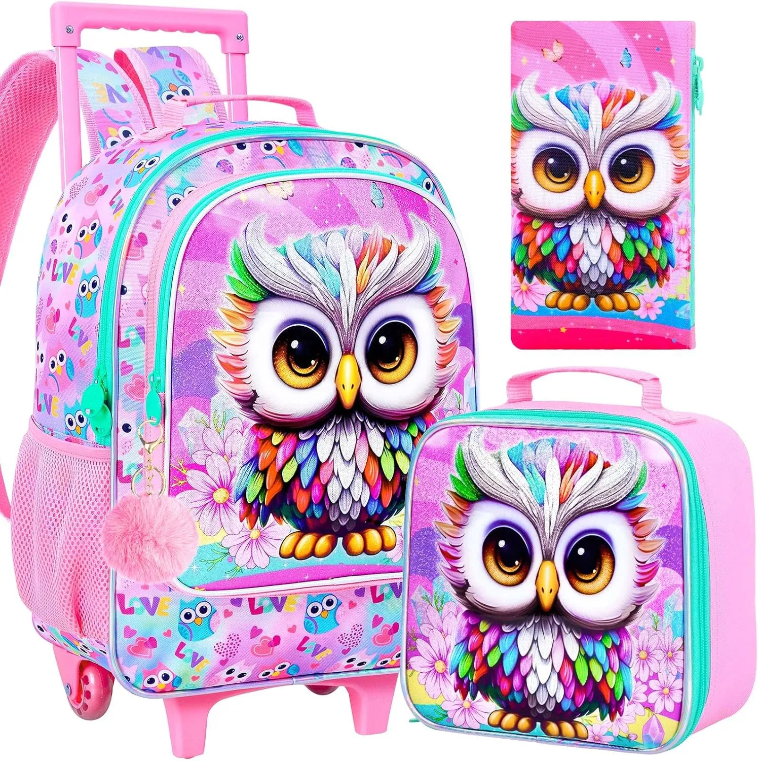 3PCS Rolling Backpack for Girls Boys, Kids Roller Wheeled Bookbag with Lunch Box, Backpacks with Wheels for Elementary
