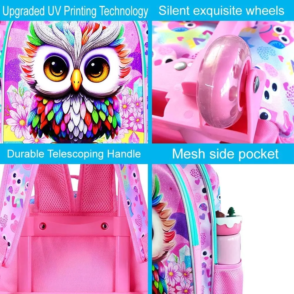 3PCS Rolling Backpack for Girls Boys, Kids Roller Wheeled Bookbag with Lunch Box, Backpacks with Wheels for Elementary
