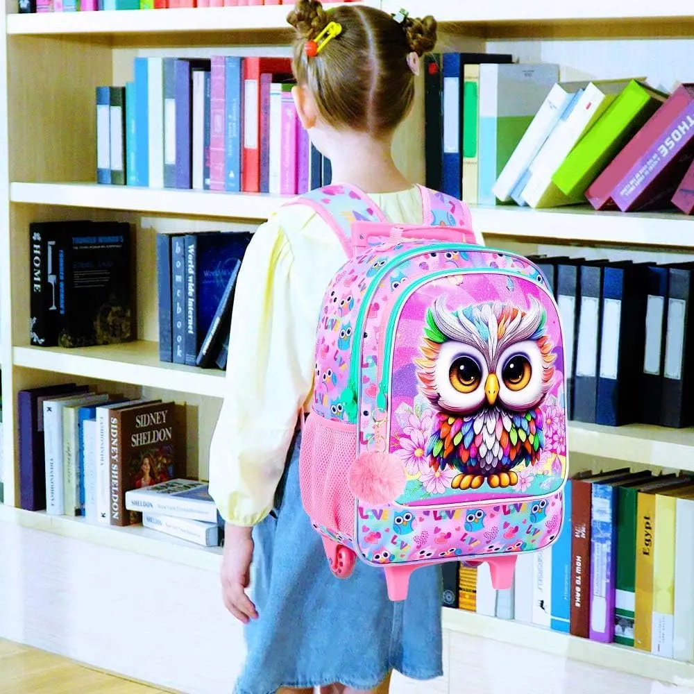 3PCS Rolling Backpack for Girls Boys, Kids Roller Wheeled Bookbag with Lunch Box, Backpacks with Wheels for Elementary
