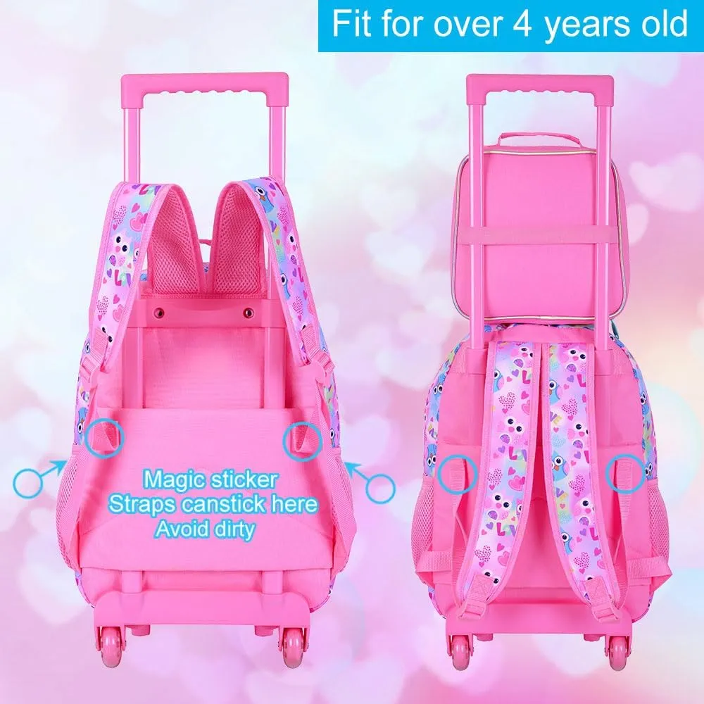 3PCS Rolling Backpack for Girls Boys, Kids Roller Wheeled Bookbag with Lunch Box, Backpacks with Wheels for Elementary