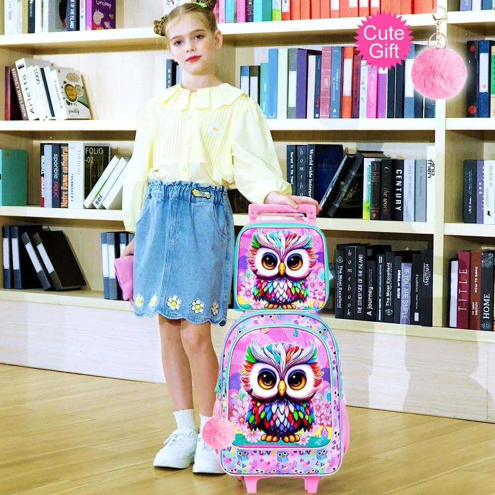 3PCS Rolling Backpack for Girls Boys, Kids Roller Wheeled Bookbag with Lunch Box, Backpacks with Wheels for Elementary