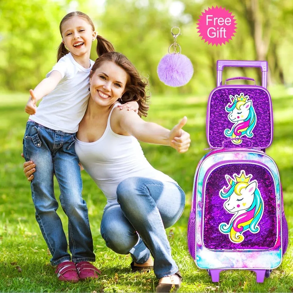3PCS Rolling Backpack for Girls, Kids Unicorn Roller Bookbag with Wheels, Wheeled School Bag Set for Elementary - Purple