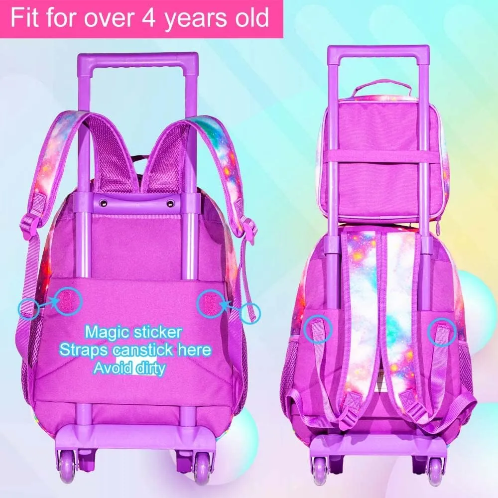 3PCS Rolling Backpack for Girls, Kids Unicorn Roller Bookbag with Wheels, Wheeled School Bag Set for Elementary - Purple