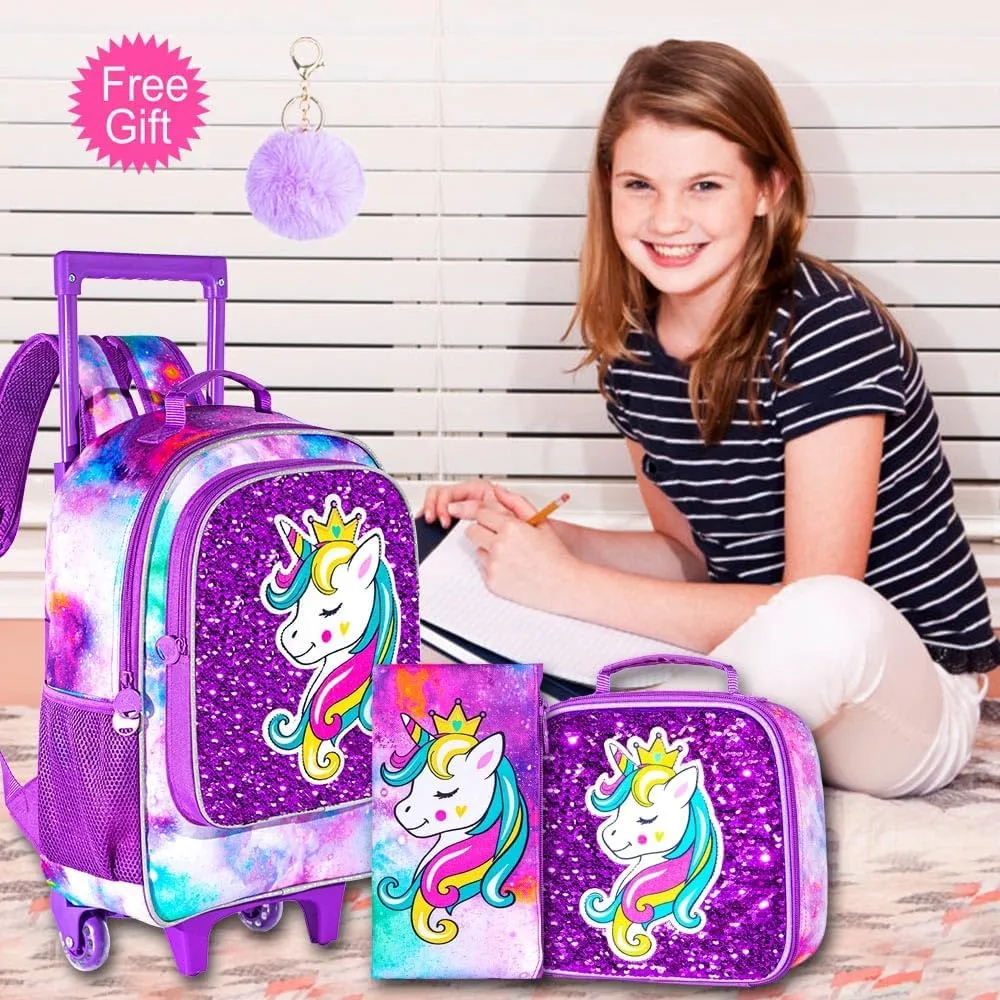 3PCS Rolling Backpack for Girls, Kids Unicorn Roller Bookbag with Wheels, Wheeled School Bag Set for Elementary - Purple