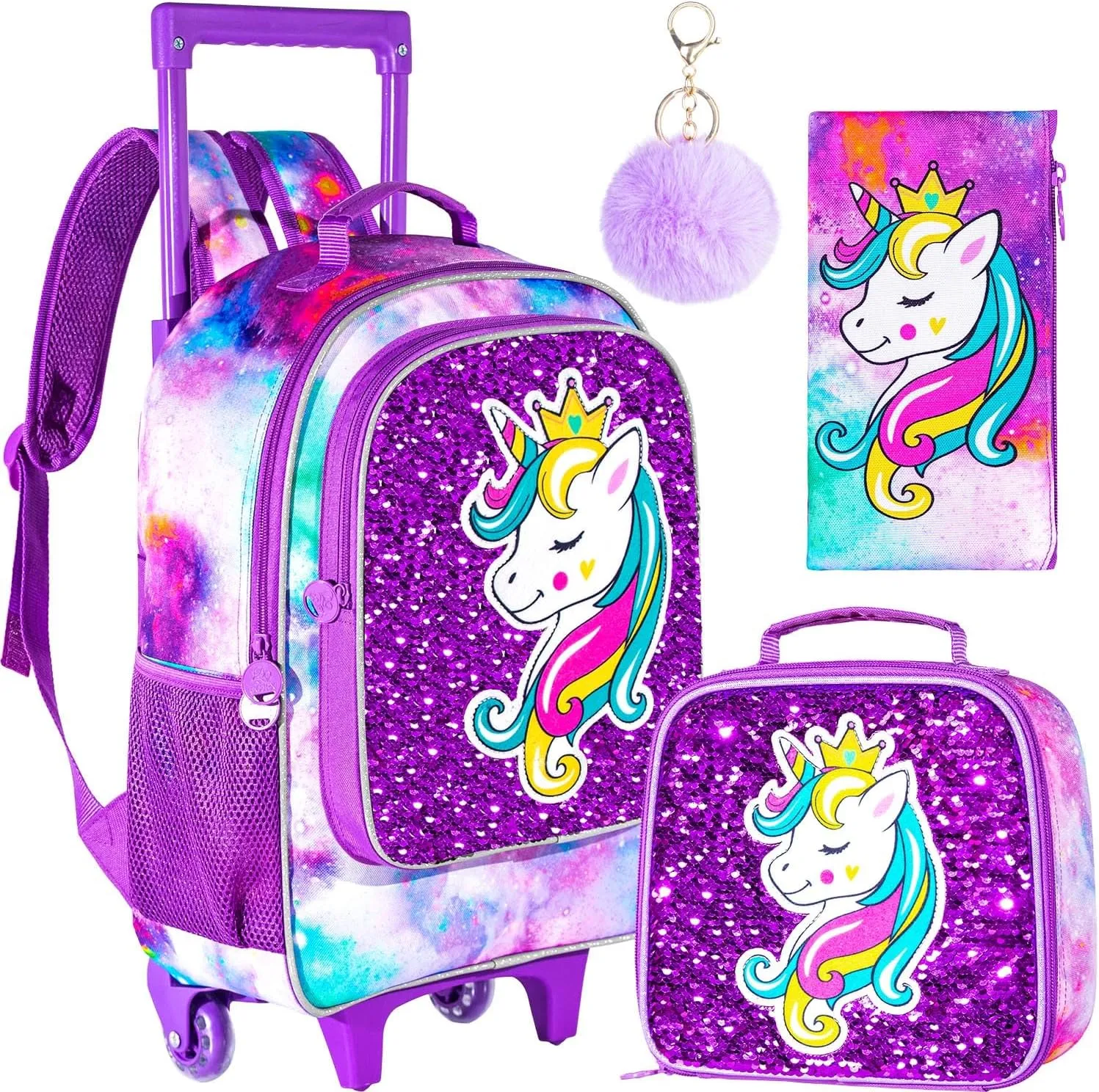 3PCS Rolling Backpack for Girls, Kids Unicorn Roller Bookbag with Wheels, Wheeled School Bag Set for Elementary - Purple