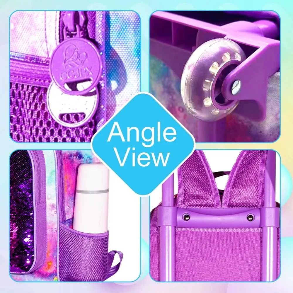 3PCS Rolling Backpack for Girls, Kids Unicorn Roller Bookbag with Wheels, Wheeled School Bag Set for Elementary - Purple