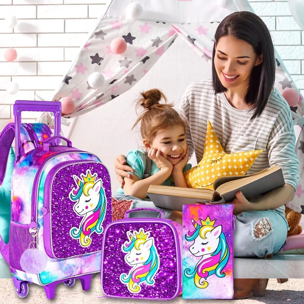 3PCS Rolling Backpack for Girls, Kids Unicorn Roller Bookbag with Wheels, Wheeled School Bag Set for Elementary - Purple