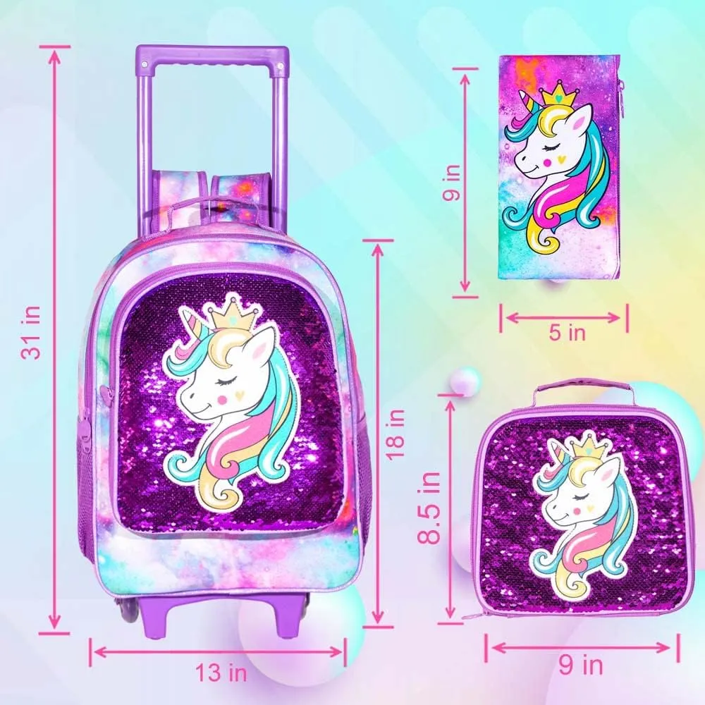3PCS Rolling Backpack for Girls, Kids Unicorn Roller Bookbag with Wheels, Wheeled School Bag Set for Elementary - Purple