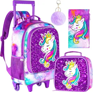 3PCS Rolling Backpack for Girls, Kids Unicorn Roller Bookbag with Wheels, Wheeled School Bag Set for Elementary - Purple