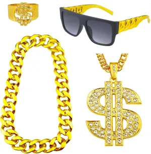 4 Pack 80s 90s Hip Hop Costumes Outfit, Fake Gold Chain Money Chain, Twist Leg Punk Sunglasses, Dollar Sign Finger Ring for Men Women Rapper Accessories