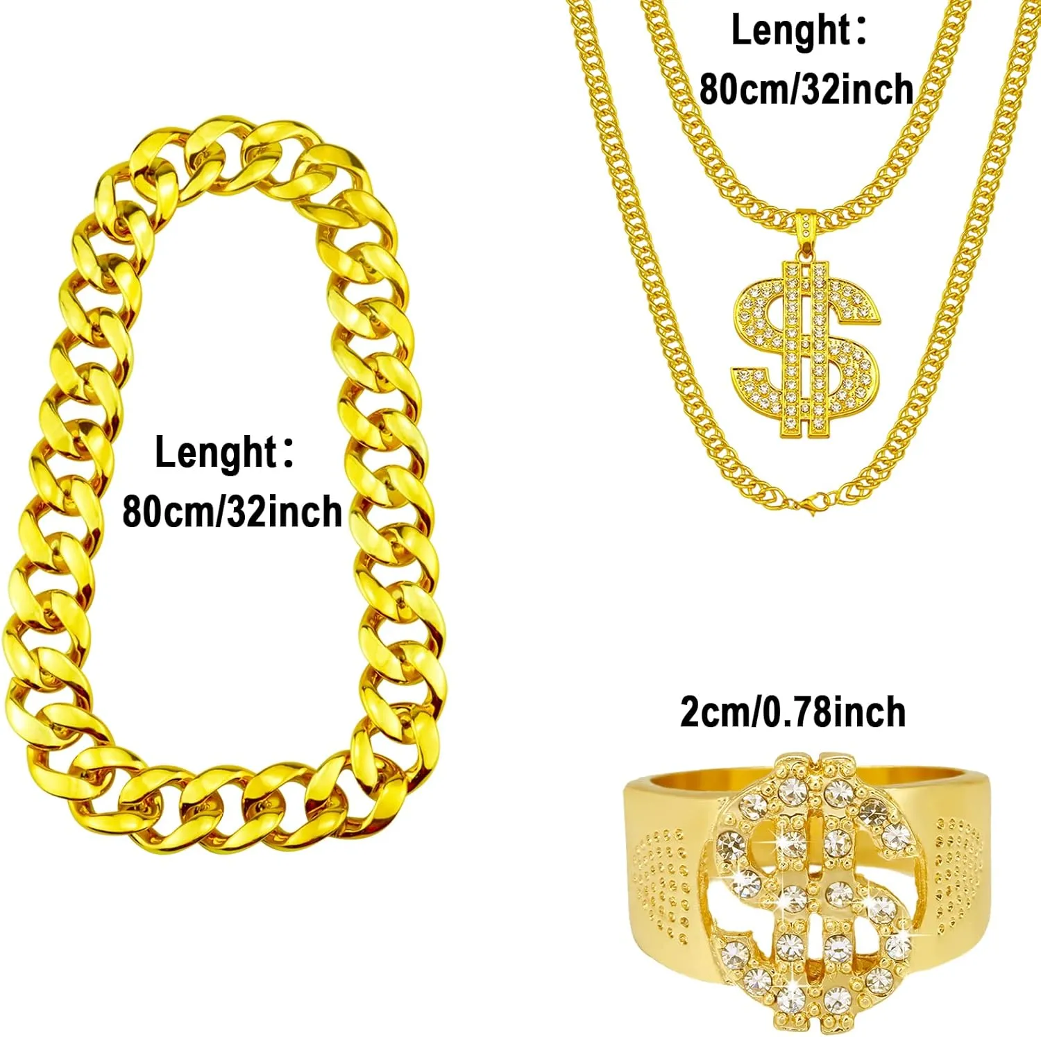 4 Pack 80s 90s Hip Hop Costumes Outfit, Fake Gold Chain Money Chain, Twist Leg Punk Sunglasses, Dollar Sign Finger Ring for Men Women Rapper Accessories