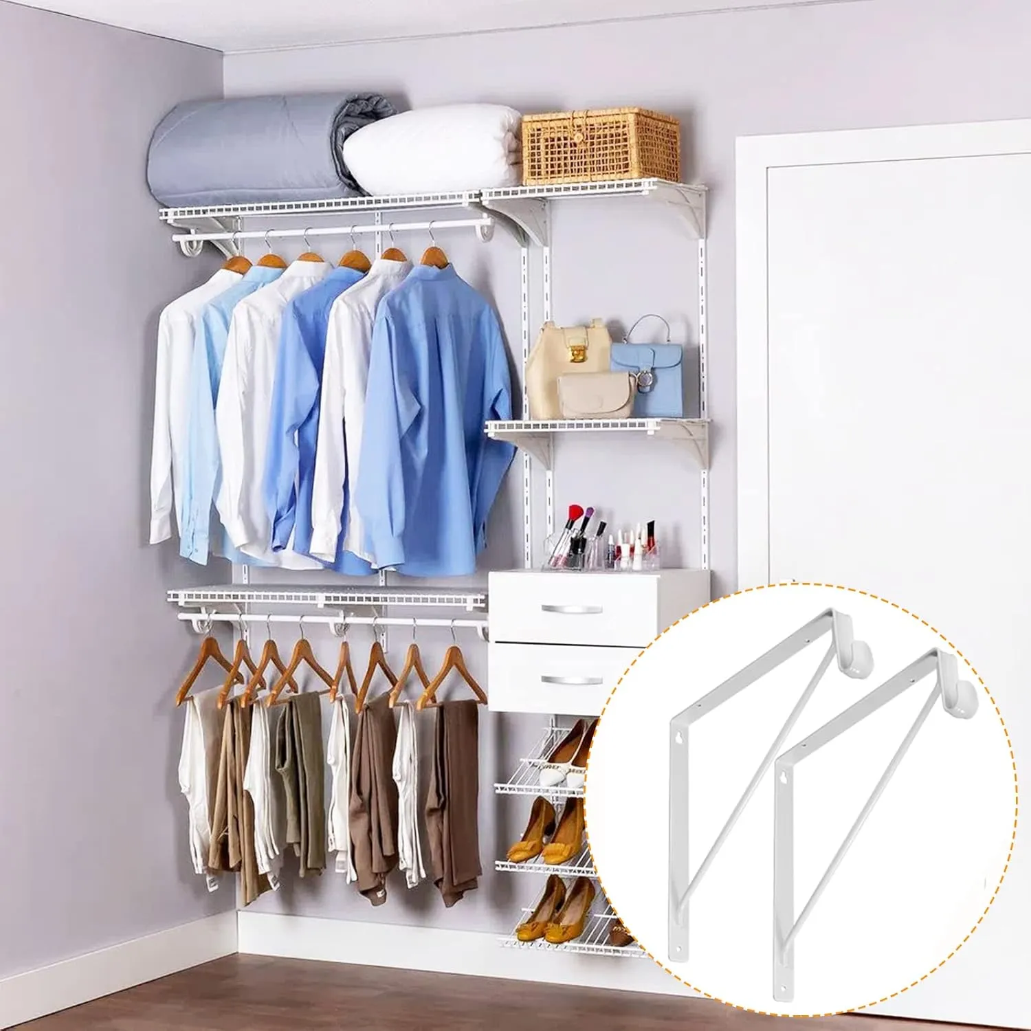 4 Pack Closet Shelf & Rod Brackets, Heavy Duty Oval Closet Rod Shelf Bracket with Rod Support, 11.8”x10” White Closet Support Bracket for Revive Your Sagging Closet Rod