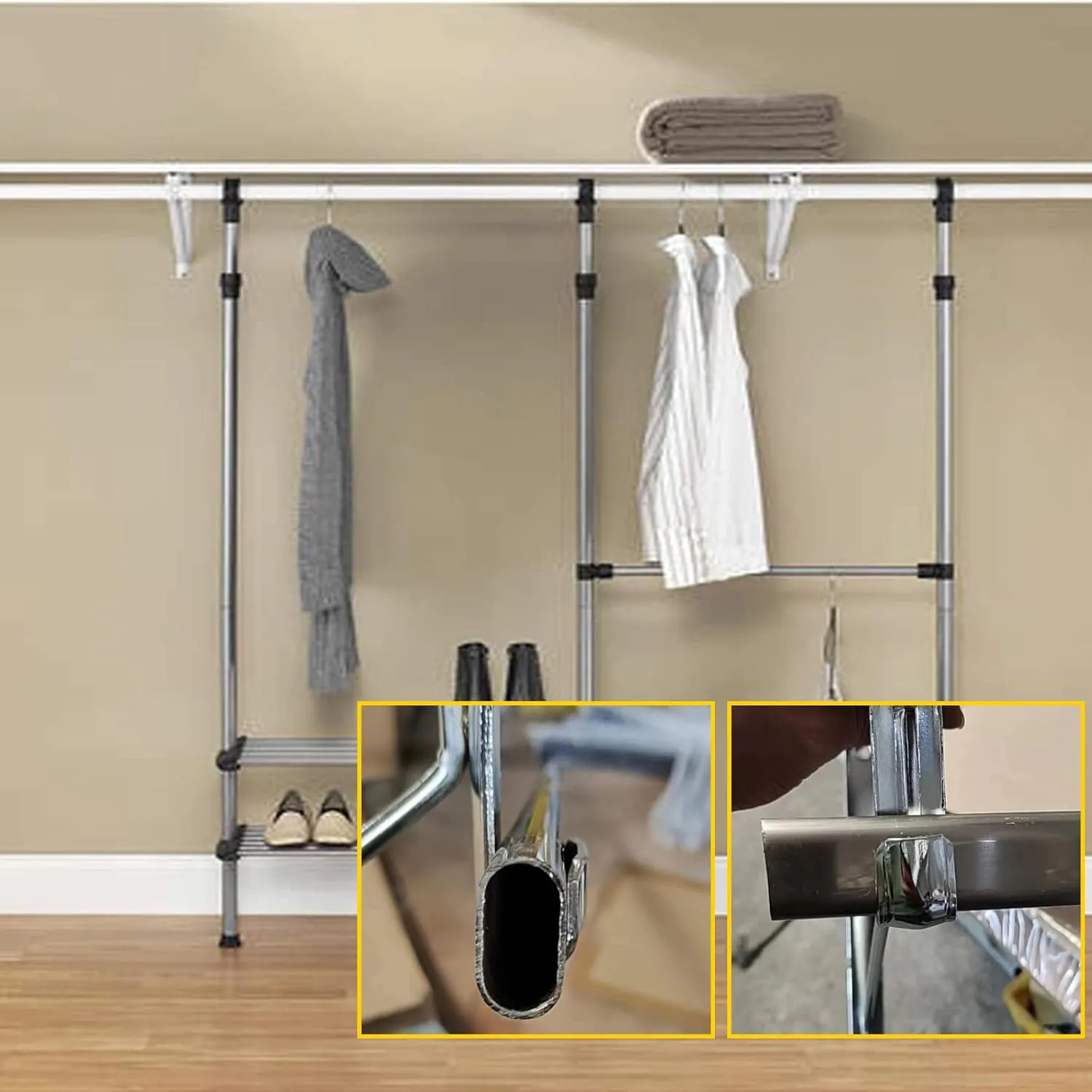 4 Pack Closet Shelf & Rod Brackets, Heavy Duty Oval Closet Rod Shelf Bracket with Rod Support, 11.8”x10” White Closet Support Bracket for Revive Your Sagging Closet Rod
