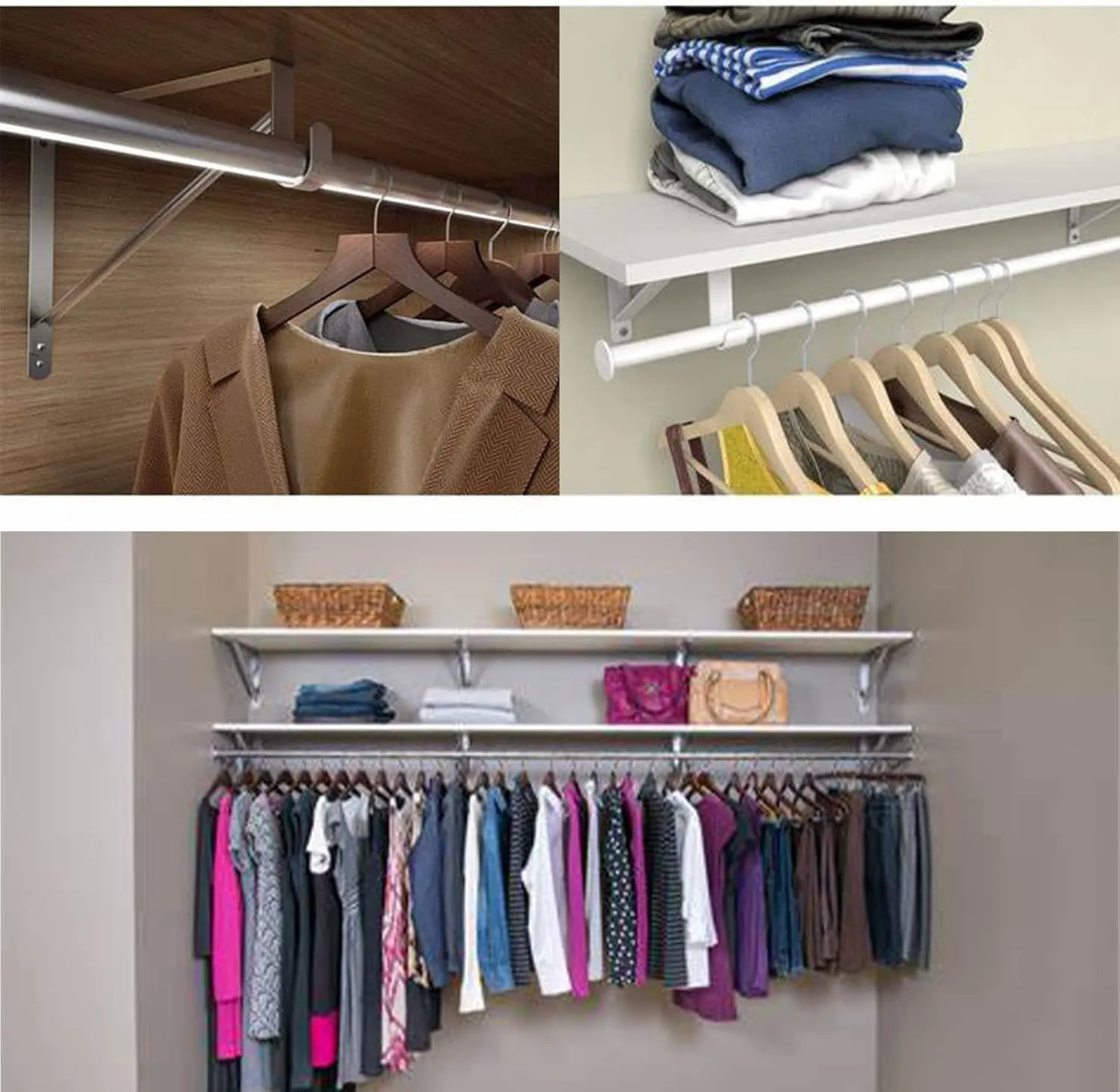 4 Pack Closet Shelf & Rod Brackets, Heavy Duty Oval Closet Rod Shelf Bracket with Rod Support, 11.8”x10” White Closet Support Bracket for Revive Your Sagging Closet Rod