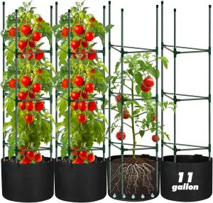 4 Pack Tomato Cages 55 x 12 Inch for Garden with 11 Gallon Round Grow Bags Planter Pots with Heavy Duty Triangle Trellis Plant Stakes Support Frames for Cucumber Vegetables Flowers